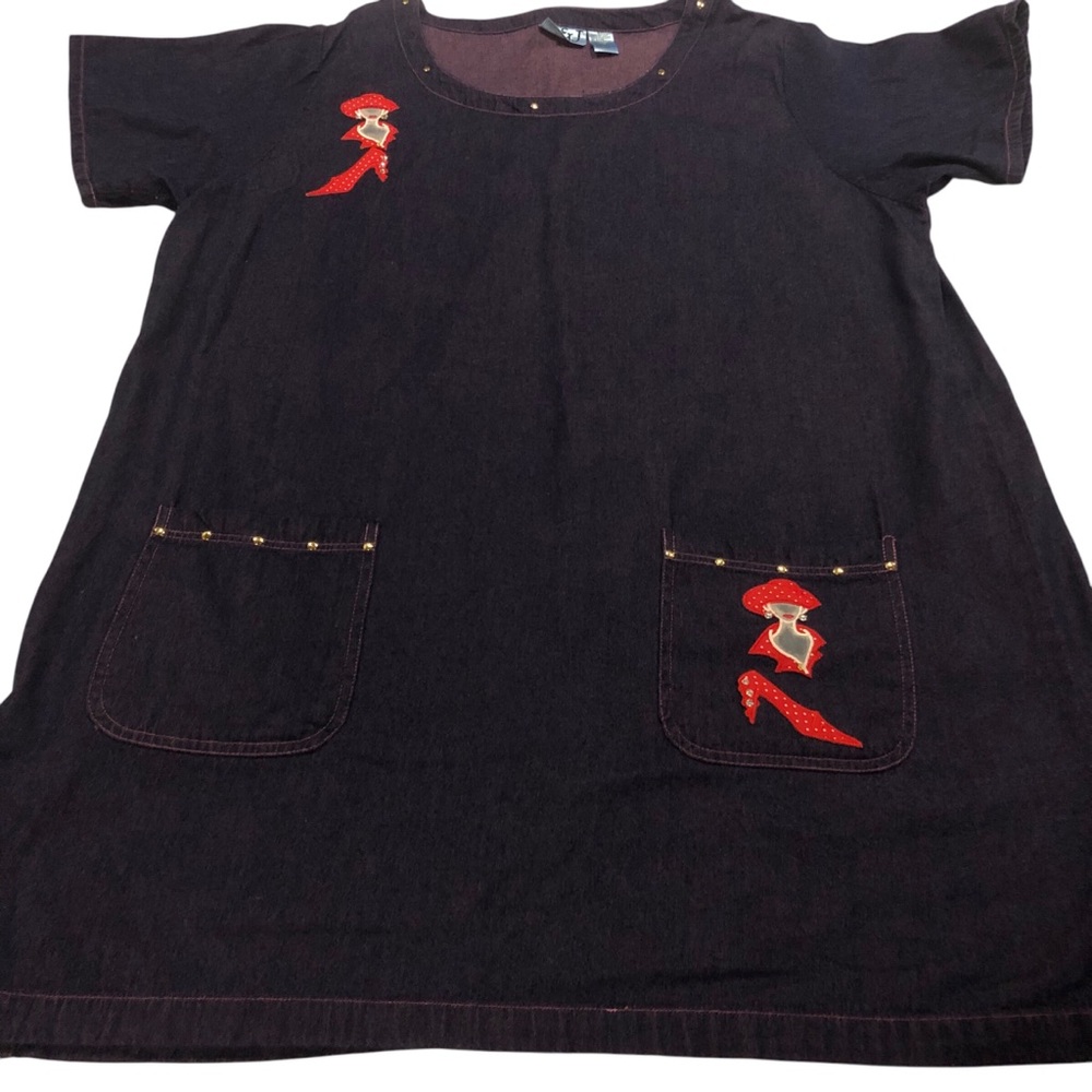 Vintage H & J Jean Dress 2XL Purple Tint Denim 2 Pockets Red Lady Hat Shoe Patch